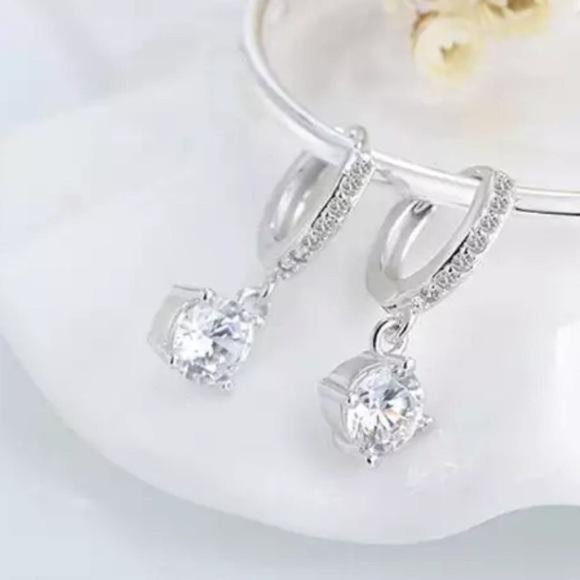 SOLITAIRE 925 SILVER DIAMOND DROP HOOP EARRINGS, NICE EARRINGS, CUTE EARRINGS - Picture 2 of 7